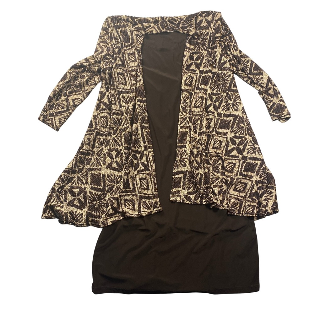 R&M Richards Womens Brown Geometric Mock Jacket Dress Size 10 Midi Layered Look